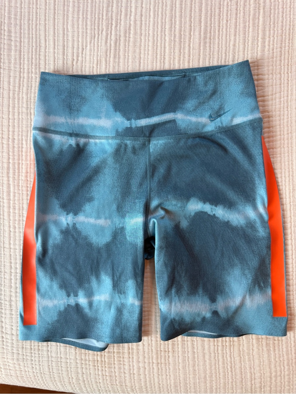 Nike Women's Blue Tie-Dye Bike Shorts with Orange Side Stripes